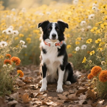 Lionet Paws Vintage Floral Dog Collar- Cute Fall Groundsel Oxalis Golden-Rod Dog Collars with Plastic Buckle,Light Adjustable Brown Dog Collars for Small Dogs