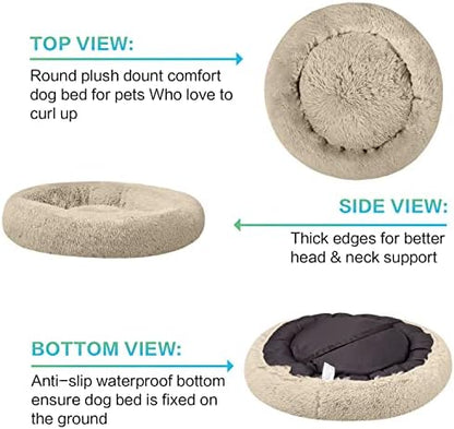 SAVFOX 54 inches Calming Donut Dog Bed - 3X Durable Plush Faux Fur, Machine Washable & Non-Slip, Fits up to 210 lbs, Removable Cover, Beige