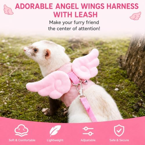 Ferret Harness and Leash Set for Adult Ferrets, Cute Angel Wing Small Animal Vest Harness, Adjustable for Ferrets Kittens Mini Dogs Pink1536-1