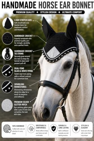 Horse Ear Bonnet for Horses – Handmade Crochet Fly Veil with Crystal Stones, Glitter Patch, Breathable Stretch Ears, Horse Fly Bonnet Ear Bonnet for Riding (Silver, COB)