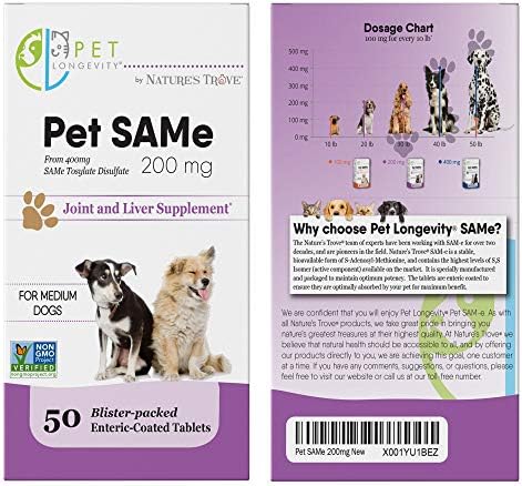 Same 200 mg Pet Supplements – Liver and Joint Support for Medium Size Dogs with Elevated Enzymes – S Adenosyl Methionine - 50 Gluten Free Enteric Coated Tablets – Non GMO Certified
