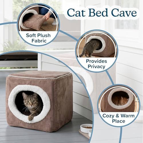 Cat House - Indoor Bed with Removable Foam Cushion - Cat Cave for Puppies, Rabbits, Guinea Pigs, and Other Small Animals by PETMAKER (Light Brown)
