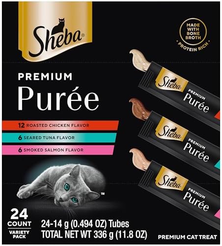 Sheba Premium Puree Lickable Cat Treats, Chicken, Salmon & Tuna, 24 Count