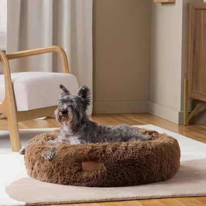 Town & Country Luxe CuddleTown Fuzzy Solid Donut Pet Bed, Soft, Cozy & Calming, Non-Slip Bottom, 100% Machine Washable, Brown, Medium 28"x28"x7" Round