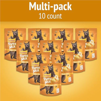 Friskies Purina Made in USA Facilities Cat Treats, Party Mix Cheezy Craze Crunch - (10) 2.1 oz. Pouches