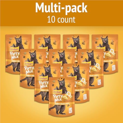 Friskies Purina Made in USA Facilities Cat Treats, Party Mix Cheezy Craze Crunch - (10) 2.1 oz. Pouches
