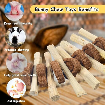 4 PCS Bunny Chew Toys for Grinding Teeth, Hanging Rabbit Snack Toy Natural Guinea Pig Sweet Bamboo Sticks Carrot Cake Small Animal Treats String for Chinchilla, Guinea Pigs, Squirrel, Gerbil