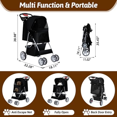 Foldable Pet Stroller 4 Wheels for Small Medium Dogs Cats,Black