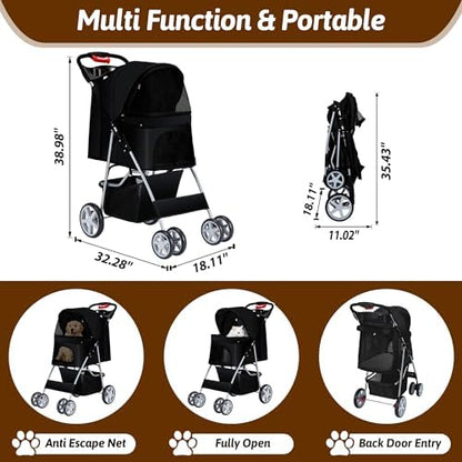 Foldable Pet Stroller 4 Wheels for Small Medium Dogs Cats,Black