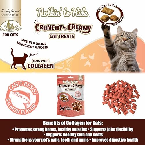 Fieldcrest Farms Nothin’ to Hide Collagen Cat Treats – Crunchy & Creamy Cat Snacks, High-Protein Healthy Treats for Skin, Coat & Joint Support, Salmon Flavor, 3 oz. Bag (Pack of 4)