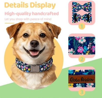 Dog Collars, Spring Summer Floral Print Pet Collar Navy Blue Adjustable Cotton Dog Collar with Bow Metal Buckle Bowtie Collars for Small Dogs