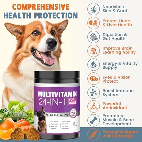 24-in-1 Dog Vitamins and Supplements 200 Ct Dogs Multivitamin Chewable Contain Chondroitin Probiotics Omega-3 Glucosamine for Dogs Skin Coat Heart Joint Gut Liver Brain Immune Support - Peanut Butter