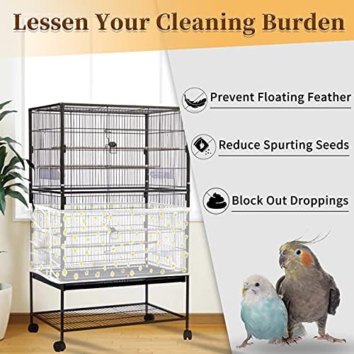 Daoeny Large Bird Cage Cover, Bird Cage Seed Catcher, Adjustable Soft Nylon Mesh Net with Daisy Pattern, Birdcage Cover Skirt Seed Guard for Parrot Parakeet Macaw Round Square Cages (White)