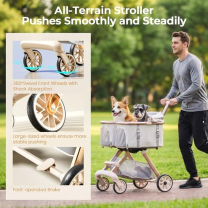 Double Pet Stroller with Detachable Carriers,Ideal for 2 Dogs or Cats,Double Dog Stroller with Small/Medium Pets,Beige