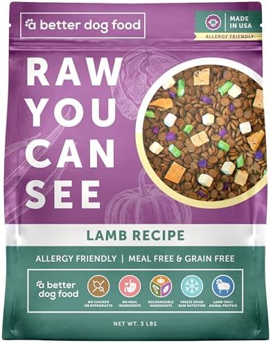 A Better Treat | Allergy Friendly Lamb Dry Dog Food | Raw You Can See | No Chicken, Lamb Only Animal Protein, No Meal Ingredients, Grain Free | Stomach Soothing Kibble + Freeze Dried Raw Dog Food