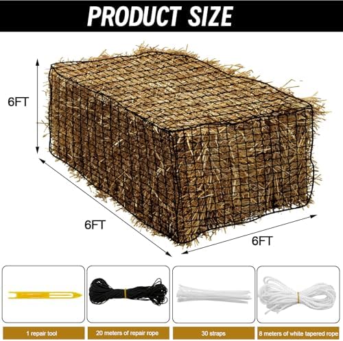 Heavy Duty Slow Feed Hay Net for Horses, 6x6x6 Ft Round Bale Hay Feeder Net