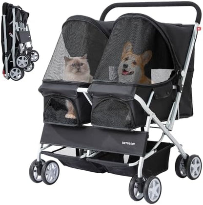 Double Pet Stroller for 2 Small Dogs & Cats, Side-by-Side Twin Travel Carriage with Safety Leashes, Mesh Windows & Double Storage Baskets, Lightweight & Foldable, 44lbs Capacity, Black