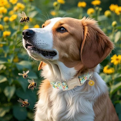 DOGWONG Flower Cotton Dog Collar, Spring Summer Cute Yellow Dog Collar Durable Soft Fabric Pet Dog Collars Female Girl Necklace for Small Medium Large Dogs