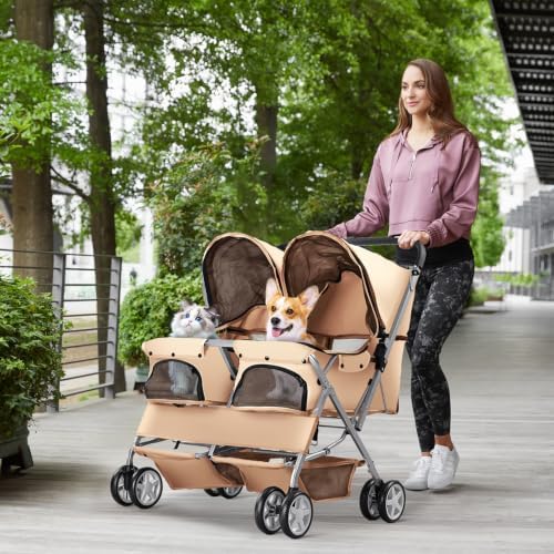 Double Pet Stroller for 2 Dogs & Cats, Side-by-Side, Beige