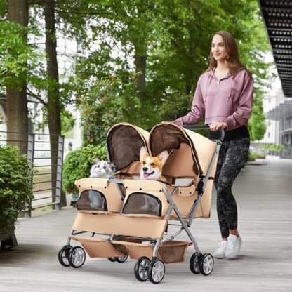Double Pet Stroller for 2 Dogs & Cats, Side-by-Side, Beige