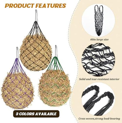 2PCS Hay Nets for Horses,2.36"x2.36" Holes 40”Horse Hay Feeder Net for Slower Feeding,Strong Load-Bearing Hay Bag Hanging for Horse Stable Trailer (Green)