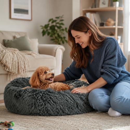 Cat Beds for Indoor Cats, Round Fluffy Cute Small Cat Bed, Washable Anti-Slip Donut Pet Bed, Round Dog Bed for Small Pets (Dark Gray)