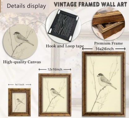 Vintage Gold Framed Bird Wall Art, Minimalist Bird on Branch Sketch Canvas Print, Spring Nature Line Drawing Wall Decor, Antique Animal Beige Picture Poster, Rustic Farmhouse Artwork for Living Room