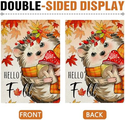 Dyrenson Hello Fall Hedgehog Decorative Garden Flag, Autumn Maple Leaves