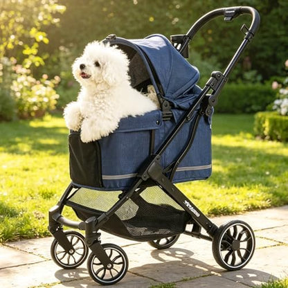 797Audio Dog Stroller for Small Medium Dogs, Pet Stroller for Cats Puppy Up to 121lbs,Foldable,One Click Folding,4 Wheel Shock Absorption,Adjustable Canopy with Sun Shades,Removable Washable Pad(Blue)