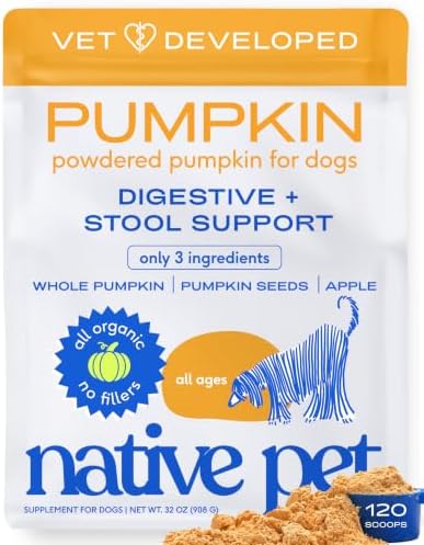 Native Pet Pumpkin for Dogs - Organic Dog Food Topper Powder - Promotes Firm Stools, Supports Digestive, Bowel Health & Nutrient Absorption - USDA Organic, Rich in Fiber with Real Pumpkin - 120 Scoops