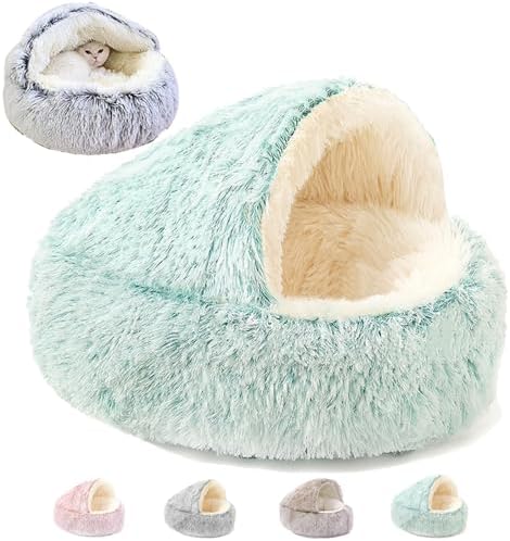 Keep Warm Lapcatz Nest Bed, Cat Bed Round Fluffy Hooded Cat Bed Cave, Anti-Slip Bottom and Machine Washable,Removable Washable Round Beds for Small Medium Pets (Green,Large)
