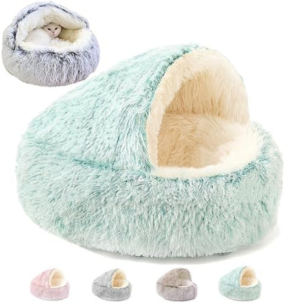 Keep Warm Lapcatz Nest Bed, Cat Bed Round Fluffy Hooded Cat Bed Cave, Anti-Slip Bottom and Machine Washable,Removable Washable Round Beds for Small Medium Pets (Green,Large)