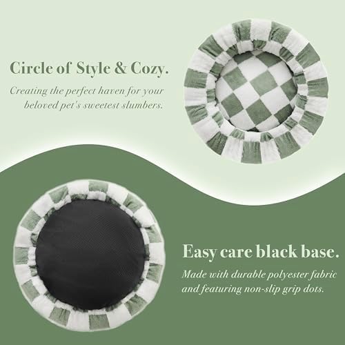 Ohocut Checkered Cat Dog Bed, Cute Sage Green Retro Style Aesthetic Round Warming Pet Calming Beds for Small Dog and Cats, Plush Cozy Donut Beds Washable, 23" L x 23" W x 8" Th