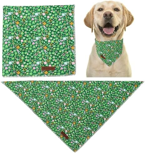 St. Patrick's Dog Bandanas, UP URARA PUP Shamrock Triangle Bid Clover Scarf for Medium Large Girl Boy Dogs, Spring Cotton Puppy Kerchief, Green Dog Bandana,L