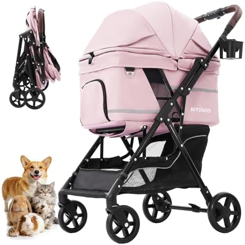 Dog Stroller with No-Zip Buckle Canopy, fits 2 Small Cats or 1 Medium pet,44 lbs Capacity One-Hand Fold,Lockable Front Wheels, Rear Brake