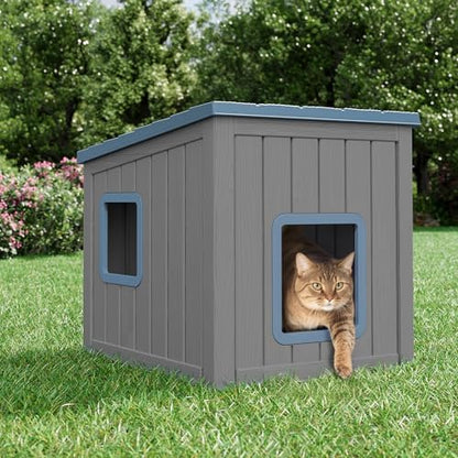 NUNU LAB Cat Litter Box Enclosure, Outdoor Cat House – Weatherproof & UV Resistant PP Material Shelter with Sloped Asphalt Roof, Durable Cat Condo for Garden, Patio, and Backyard (Blue, Large)