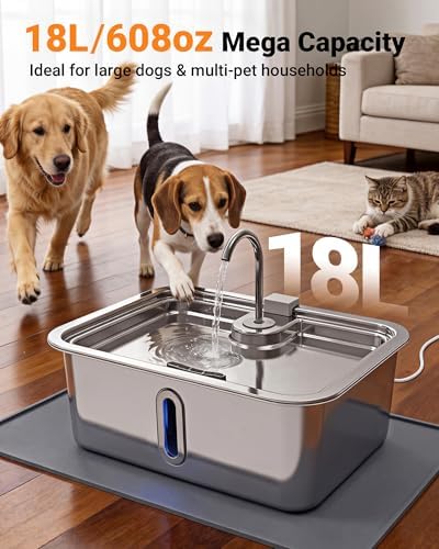 18L/4.76Gal Extra Large Dog Water Fountain with Silicone Mat & 3 Filters