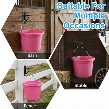 6 Pack Heavy Duty Bucket Hooks for Horse Stalls Anti-Tip Metal Bucket Holder for Horse Feed and Water Stable Barn Fence Accessories with Screws, Black
