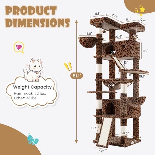 SHA CERLIN 81in Multi-Level Tall Cat Tree Tower for Indoor Kitties/Larger Cat Condo Furniture with Hammock/Cozy Pussycat Perches/Sisal Scratching Posts/Pet House/Wide Base/Leopard Print