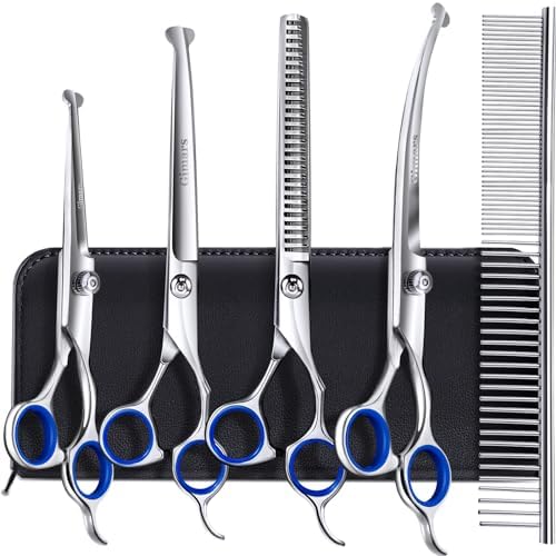 Gimars Titanium Coated Professional 6 in 1 4CR Stainless Steel Dog Grooming Scissors with Safety Round Tip, Heavy Duty Pet Grooming Scissor for Dogs, Cats and Other Animals