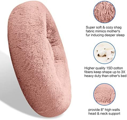 SAVFOX 36 inches Calming Donut Dog Bed - 3X Durable Plush Faux Fur, Machine Washable & Non-Slip, Fits up to 100 lbs, Pink