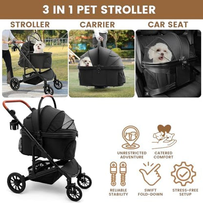 Bicystar Dog Stroller with Detachable Carrier, Rubber Wheels, 50 lbs, Black