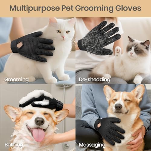 Pet Hair Removal Glove with 255 Silicone Tips for Dogs & Cats, Right Black