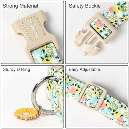 DOGWONG Flower Cotton Dog Collar, Spring Summer Cute Yellow Dog Collar Durable Soft Fabric Pet Dog Collars Female Girl Necklace for Small Medium Large Dogs
