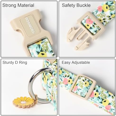 DOGWONG Flower Cotton Dog Collar, Spring Summer Cute Yellow Dog Collar Durable Soft Fabric Pet Dog Collars Female Girl Necklace for Small Medium Large Dogs