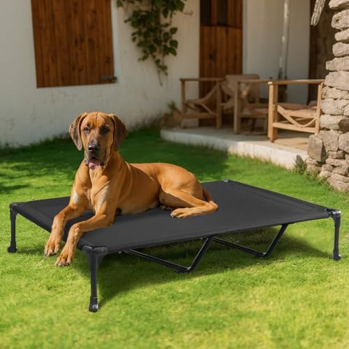 Veehoo Outdoor Elevated Dog Bed Large Sized Dogs, XXL Cooling Raised Dog Cots Beds Training Platform Off Ground Hammock with Breathable Mesh, No-Slip Feet, 59"x37.5", Black
