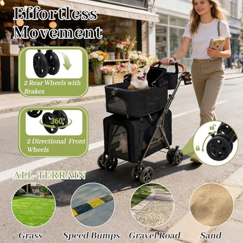 Pet Stroller for Dogs and Cats, 4 in 1 Cat Strollers for 2 Cats, Foldable Dog Stroller for Medium Dogs 20 lbs with Cup Holder and Storage Bag, Suitable for All-Terrain, Dog Gifts