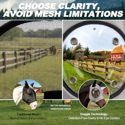Horse Fly Mask with Ears - Ice Silk Cooling Fabric for Summer, Upgraded Anti-Fog & UV Blocking Ski-Grade Eye Mesh, Breathable Mosquito Insect Sun Mask for Horses