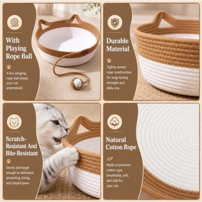 Natural Rope Cat Basket, Handmade Cotton Cat Bed with Ball, Large