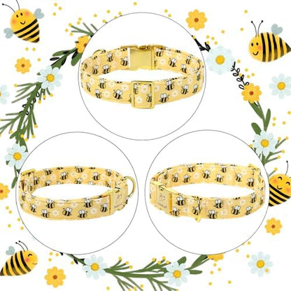 Yellow Bee Dog Collar, Cute Spring/Summer Cartoon Boy Girl Dog Collars, Adjustable Heavy Duty Male Female Dogs Collar for Small Medium Large Dogs with Metal Buckle XL